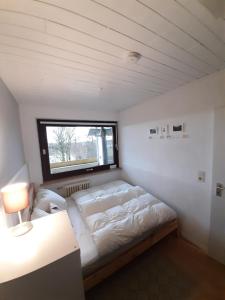 een kleine kamer met een bed en een raam bij Familien Ferienwohnung Harzer Schöllchen in Sankt Andreasberg