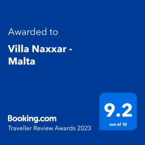 Certifikát, hodnocení, plakát nebo jiný dokument vystavený v ubytování Villa Naxxar Malta