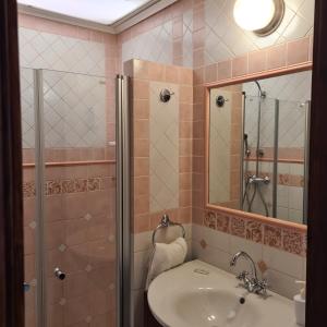 y baño con lavabo y ducha. en Apartmány vila Liberty en Karlovy Vary