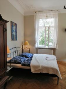 1 dormitorio con cama y ventana en Apartmány vila Liberty en Karlovy Vary