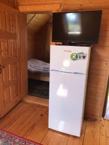 a refrigerator with a microwave on top of it in a room at Модрина in Vorokhta