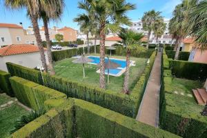 un jardín con palmeras y una piscina en OLIVA NOVA, playa, jardín, piscina, golf, MET, IDEAL FAMILIAS, en Oliva