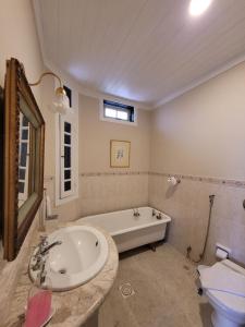 a bathroom with a tub and a sink and a toilet at Casa Villa Constanza in Itaipava