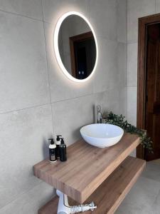een badkamer met een wastafel en een spiegel bij Vakantiewoning La Cereza in Opbrakel