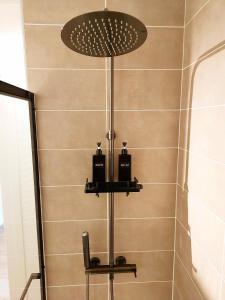 La salle de bains est pourvue d'une douche avec deux distributeurs de savon. dans l'établissement Lumineux 2 Chambres avec Garage privé - Tram à 1 min, à Grenoble
