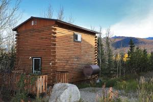 een houten hut met een watertank in een veld bij Denali Park View Family Log Cabin in McKinley Park