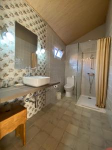 a bathroom with a sink and a shower and a toilet at Villa Silene in Covilhã