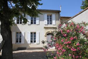 dom z różowymi kwiatami przed nim w obiekcie Maison au coeur du vignoble de Saint-Emilion w mieście Saint-Étienne-de-Lisse