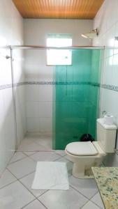 uma casa de banho com um WC e uma cabina de duche em vidro. em Mindú Park Hotel em Manaus