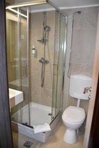 a bathroom with a toilet and a glass shower at UNI Hostel in Maribor