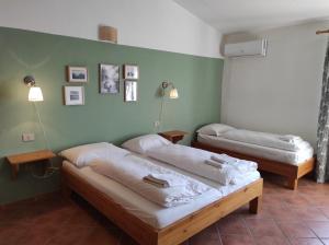 2 letti in una camera con pareti verdi di Agriturismo Asara a Padru