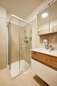 bagno con doccia in vetro e lavandino di Posestvo Rouna - winery and apartments a Vipava (Vipacco)