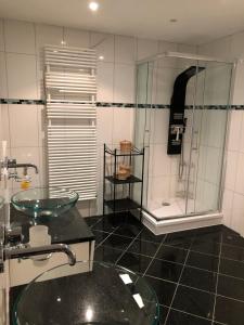 ein Badezimmer mit einem Glaswaschbecken und einer Dusche in der Unterkunft Ferienwohnung Amperblick Fürstenfeldbruck in Fürstenfeldbruck