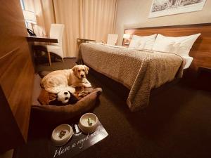a dog laying in a bed in a hotel room at PREMIUM Business Hotel Bratislava in Bratislava