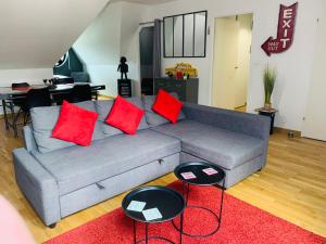 a living room with a gray couch with red pillows at Amiens LOFT in Amiens
