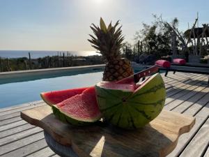 a pineapple and a slice of watermelon on a cutting board at Caribbean Oceanview Villa in Kralendijk