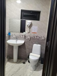 a bathroom with a toilet and a sink at Bibo's Kokhi Guesthouse in Kazbegi