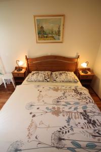 a bedroom with a large bed with a blanket at Apartments Na Vasi in Bohinj