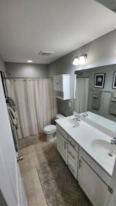 a bathroom with a toilet and a sink and mirror at Mackintosh Townhome in Burlington