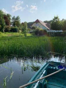 łódź siedząca w wodzie obok wysokiej trawy w obiekcie Pension Hühnermühle w mieście Volkerode