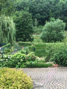 un jardín con un estanque y muchas flores y árboles en Pension Hühnermühle en Volkerode