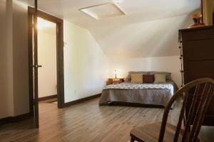 1 dormitorio con 1 cama y 1 silla en una habitación en La petite maison du voisin en Mont-Carmel