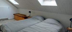 a bedroom with two beds and a ceiling with skylights at De oude statie in Tessenderlo