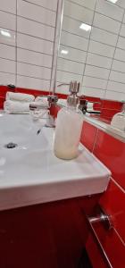 un lavandino del bagno con un distributore di sapone sopra di Appartamento Camilla a Siniscola