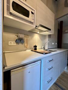 eine Küche mit einer Spüle und einer Mikrowelle in der Unterkunft Suite Catedral in Granada