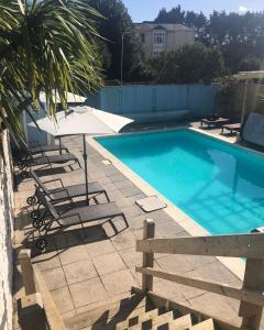 a swimming pool with lounge chairs and an umbrella at The Purple Tree Guest House in Torquay