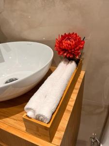 a red flower on a wooden shelf next to a sink at Cunha's Apartment - city center in Guimarães