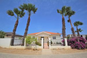una casa con palmeras frente a una valla en Dushi Villa, en Palm-Eagle Beach
