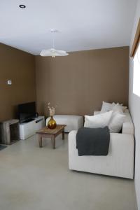 sala de estar con sofá blanco y TV en La Grange, Gîte 4 à 6 pers avec vue en Saint-Just-près-Brioude