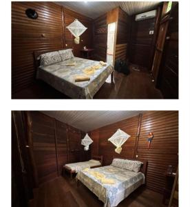 two pictures of a room with two beds in it at Amazon Gero Tours in Careiro da Várzea