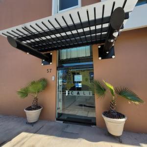 Hotel Cali Blvd. في Guadalupe: اثنين من النباتات الفخارية تقف أمام المبنى