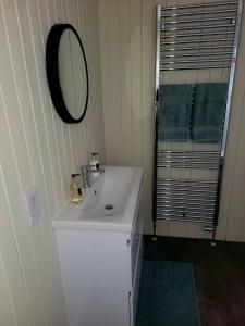 a bathroom with a white sink and a mirror at Gardeners cottage in Pitlochry