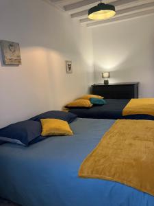 een slaapkamer met 2 bedden met gele en blauwe kussens bij Gîte les Tilleuls in Le Guédéniau