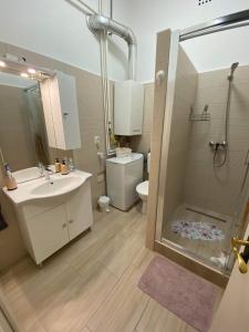 y baño con ducha, lavabo y aseo. en Corso Apartman en Kaposvár