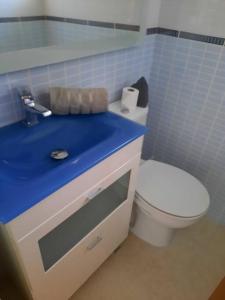 a blue bathroom with a toilet and a sink at La casa del Navegante in Miramar