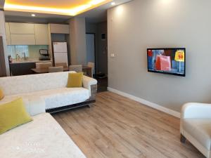 a living room with a couch and a tv on a wall at Mali Garden Residence in Side