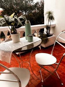una mesa y sillas con plantas en un patio en Calchaquíes Home Hostel en San Salvador de Jujuy