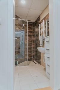 a bathroom with a shower and a sink at David 2 in Ruma
