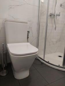 a white toilet in a bathroom with a shower at Lisbon South Bay Rooms in Almada