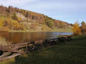 a wooden bridge over a lake in a field at Holiday Home Moldava in Moldava