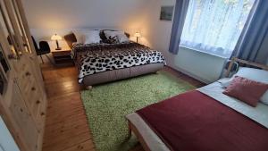 a bedroom with two beds and a green rug at Holiday Home Moldava in Moldava