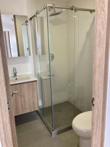 a bathroom with a shower with a toilet and a sink at UhaUs Coliving 302 - Apto 12 habitaciones in Manizales