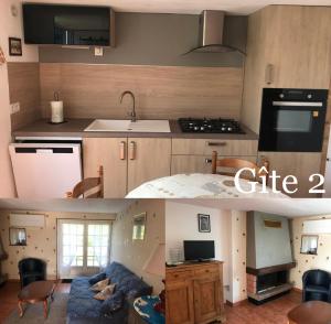 two pictures of a kitchen and a living room at Aux Trois Gîtes in La Chapelle