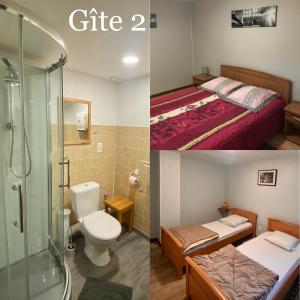 two pictures of a bathroom with a toilet and a shower at Aux Trois Gîtes in La Chapelle