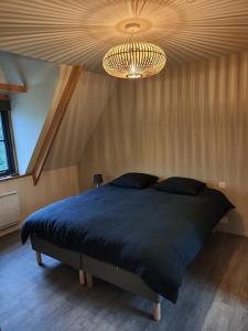 une chambre avec un grand lit et un lustre dans l'établissement Les Délices de la Vie, à Le Mesnil-Germain