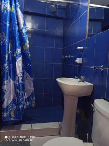 La salle de bains est pourvue d'un lavabo, de toilettes et d'une douche. dans l'établissement Casa D´Maria, à Ollantaytambo